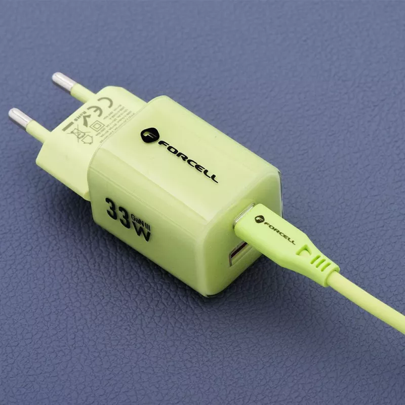 Forcell F-Energy GaN III VT-41 33 W GaN sienas lādētājs, 1x USB-C PD 3.0/PPS un 1x USB-A QC 4.0, zaļš