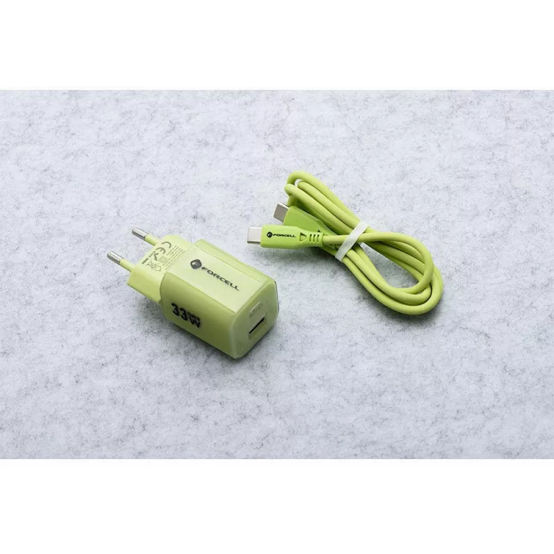 Forcell F-Energy GaN III VT-41 33 W GaN sienas lādētājs, 1x USB-C PD 3.0/PPS un 1x USB-A QC 4.0, zaļš
