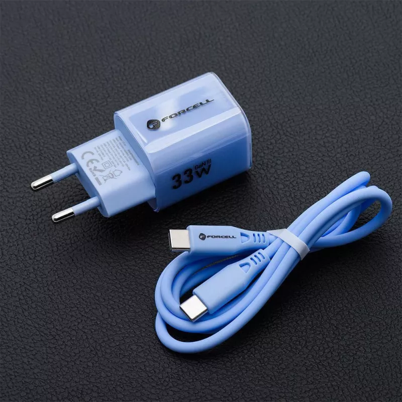 Forcell F-Energy GaN III VT-41 33W USB-C & USB-A sienas lādētājs, PD 3.0, QC 4.0, zils