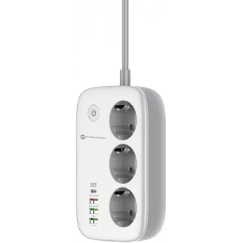Forcell F-Energy VT-PS03 viedais pagarinātājs, 3x Schuko kontaktligzdas, USB-C PD 30W, 3x USB-A QC 3.0, Wi-Fi, Tuya lietotnes vadība, 2500W/10A