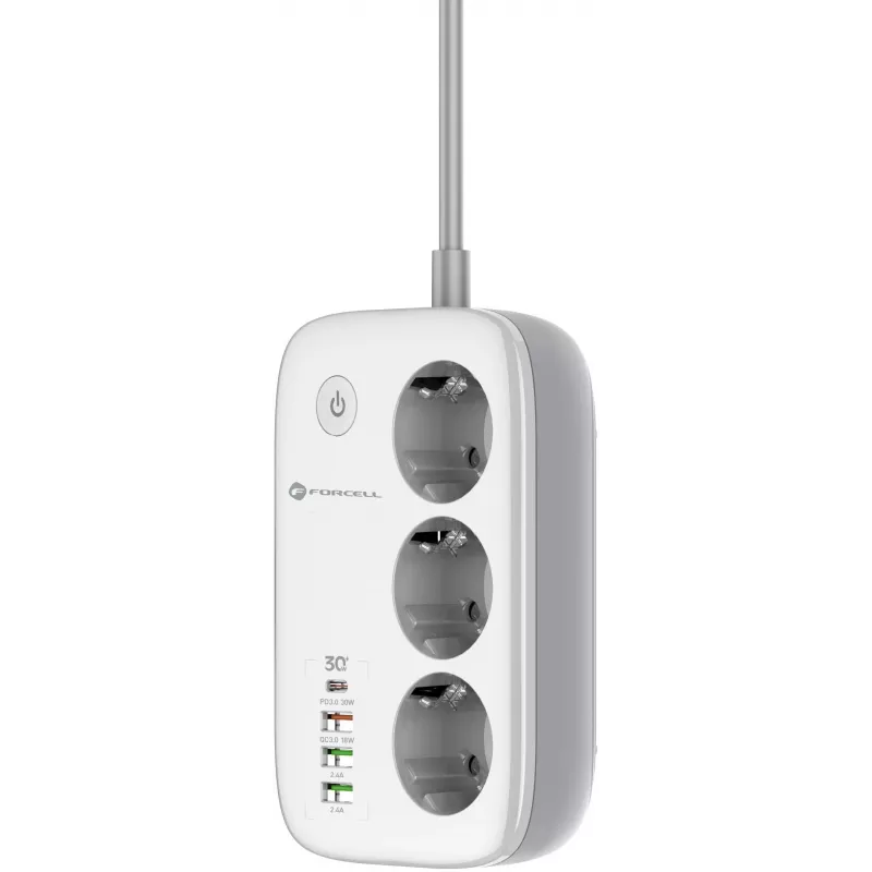 Forcell F-Energy VT-PS03 viedais pagarinātājs, 3x Schuko kontaktligzdas, USB-C PD 30W, 3x USB-A QC 3.0, Wi-Fi, Tuya lietotnes vadība, 2500W/10A