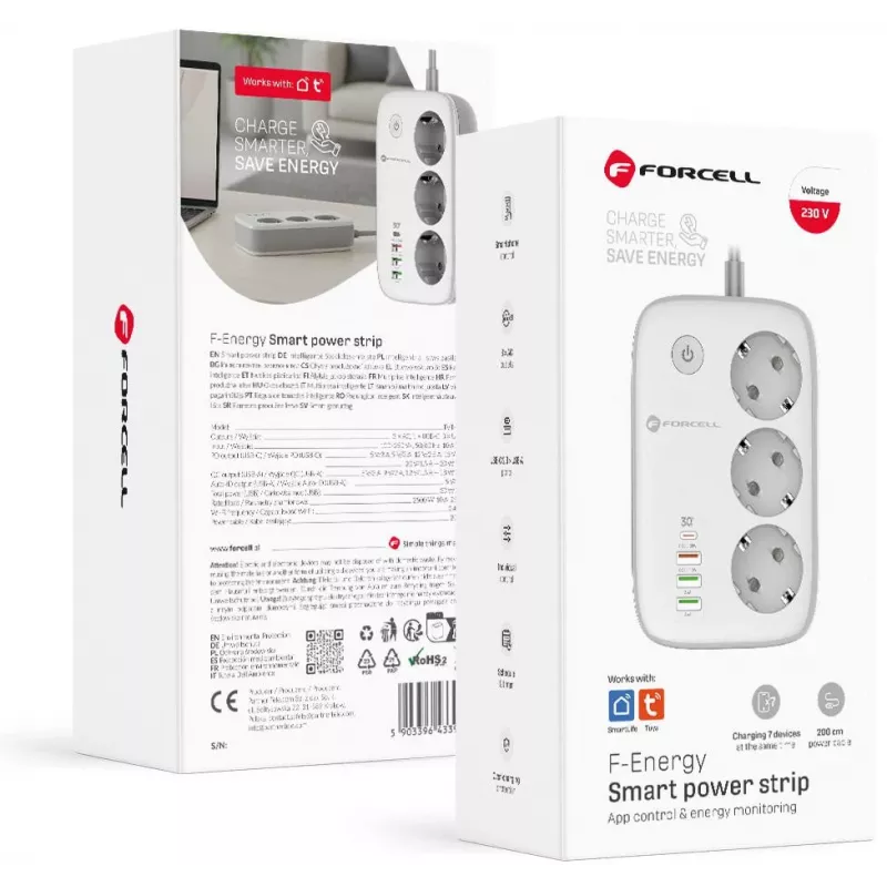 Forcell F-Energy VT-PS03 viedais pagarinātājs, 3x Schuko kontaktligzdas, USB-C PD 30W, 3x USB-A QC 3.0, Wi-Fi, Tuya lietotnes vadība, 2500W/10A