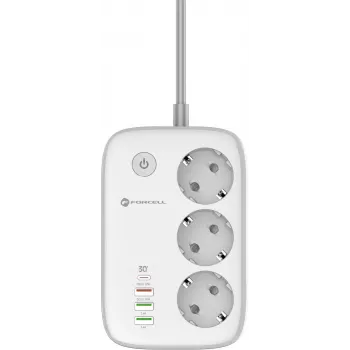 Forcell F-Energy VT-PS03 viedais pagarinātājs, 3x Schuko kontaktligzdas, USB-C PD 30W, 3x USB-A QC 3.0, Wi-Fi, Tuya lietotnes vadība, 2500W/10A