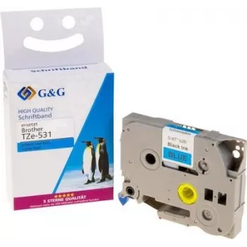 G&G 14956 saderīga Brother TZe-531 zila etiķešu lente 12mm 8m melns teksts