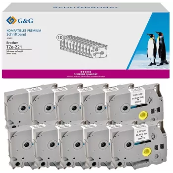 G&G 20101 saderīga Brother TZe-221 etiķešu lente, 9mm x 8m, melna uz balta, laminēta, 10 iepakojumā