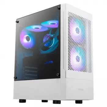 GAMDIAS Talos E3 MESH spēļu vidējā torņa korpuss, balts, rūdīts stikls, 4x120mm ARGB ventilatori, ATX/Micro-ATX/Mini-ITX, sieta priekšējais panelis
