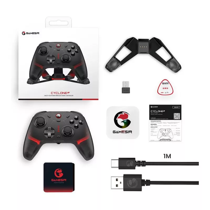GameSir Cyclone 2 Tri-Mode bezvadu spēļu kontrolieris ar Hall Effect svirām un sprūdiem, RGB apgaismojumu, programmējamām aizmugures pogām, 6 asu žiroskopu, 20h akumulatoru - Melns
