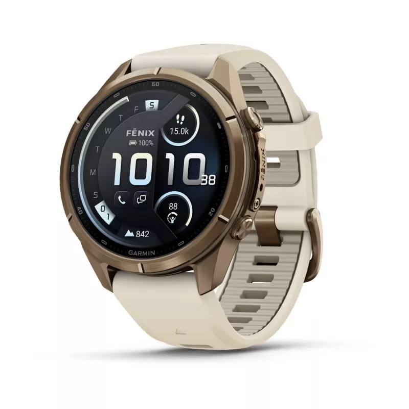 Garmin Fenix 9 Pro – inReach, 43mm Autumn Gold titāna ar krēmkrāsas/franču pelēko silikona siksniņu