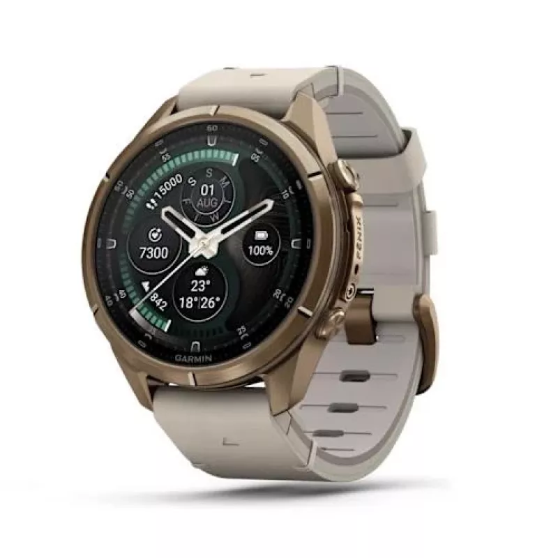 Garmin Fenix 9 Pro – inReach, 43mm Autumn Gold titāna ar krēmkrāsas/franču pelēko silikona siksniņu