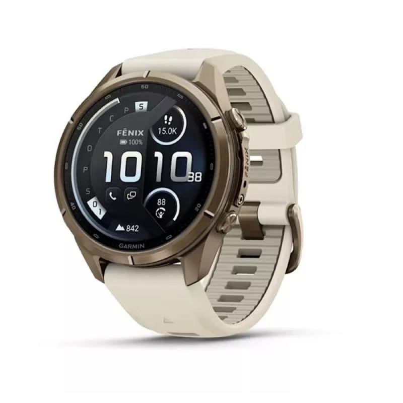 Garmin Fenix 9 Pro – inReach, 43mm Autumn Gold titāna ar krēmkrāsas/franču pelēko silikona siksniņu