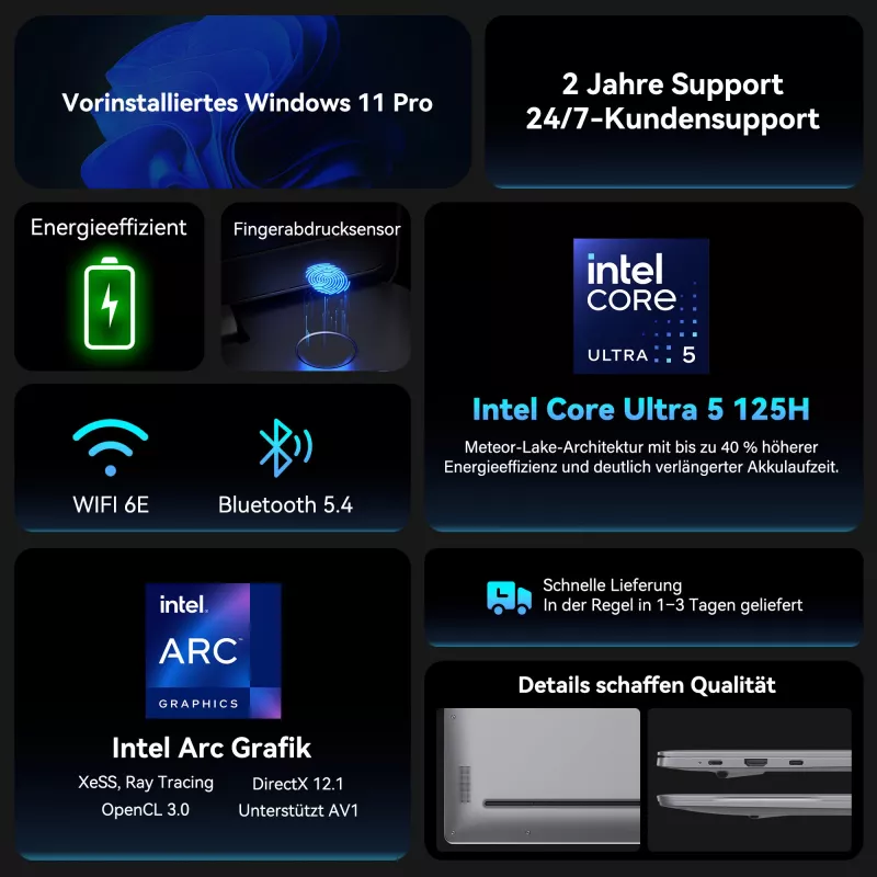 GEEKOM GEEKBOOK X16 PRO (Sudraba, Intel Core Ultra 5 125H, Intel Arc Graphics, 32 GB LPDDR5, 1 TB SSD, Windows 11 Pro)