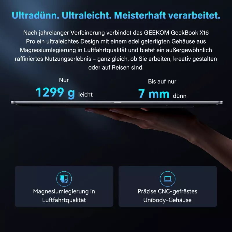 GEEKOM GEEKBOOK X16 PRO (Sudraba, Intel Core Ultra 5 125H, Intel Arc Graphics, 32 GB LPDDR5, 1 TB SSD, Windows 11 Pro)