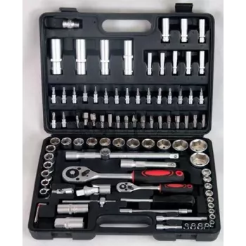 GEKO 94-Piece L-TECH Socket and Wrench Set with 1/4 inch and 1/2 inch Drive, Chrome Vanadium, Satin Finish, Blow-Molded Case
