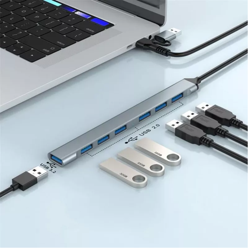 Gembird 7 portu USB 3.2 Gen 2 centrmezgls - 6x USB-A 2.0 + 1x USB-A 3.2, sudraba