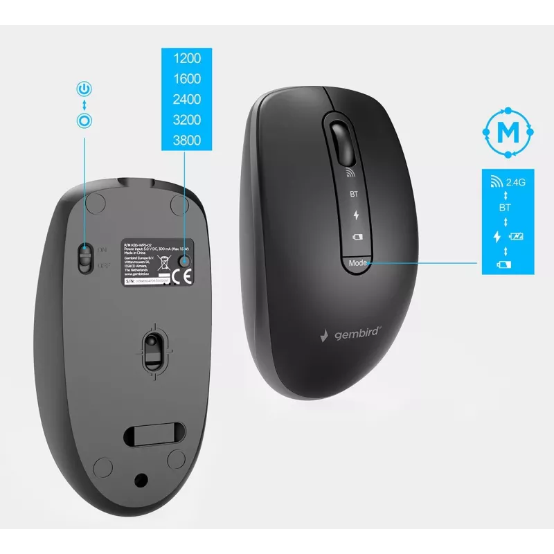 Gembird KBS-WPS-02 divu režīmu plāns bezvadu galddatoru komplekts, 2.4GHz + Bluetooth, ASV izkārtojums (tastatūra un pele)