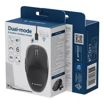 Gembird MUSW2-6B-01 Divu Režīmu Bezvadu Pele, 2.4 GHz + Bluetooth 5.0, 1600 DPI, 6 Pogas, Melna
