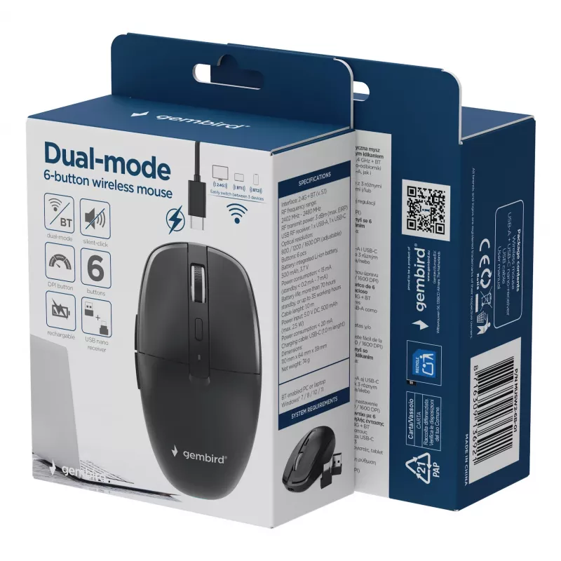 Gembird MUSW2-6B-01 Divu Režīmu Bezvadu Pele, 2.4 GHz + Bluetooth 5.0, 1600 DPI, 6 Pogas, Melna