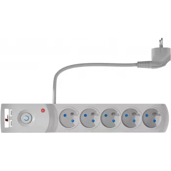 GETFORT 5 kontaktligzdu pārsprieguma aizsardzības pagarinātājs ar 2 USB uzlādes portiem, 1,5 m kabelis, pelēks