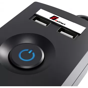 GETFORT 5P-3M-B-USB pārsprieguma aizsardzības pagarinātājs, 5 maiņstrāvas kontaktligzdas, 2 USB-A porti, 3 m kabelis, melns