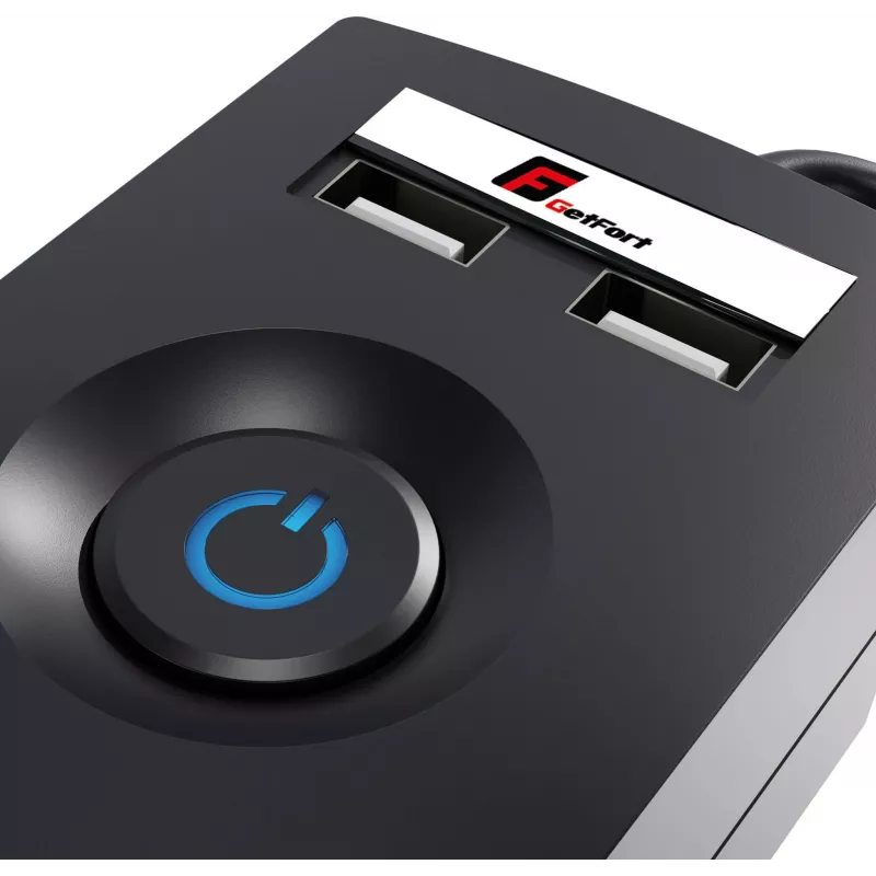 GETFORT 5P-3M-B-USB pārsprieguma aizsardzības pagarinātājs, 5 maiņstrāvas kontaktligzdas, 2 USB-A porti, 3 m kabelis, melns