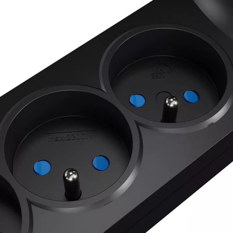GETFORT 5P-3M-B-USB pārsprieguma aizsardzības pagarinātājs, 5 maiņstrāvas kontaktligzdas, 2 USB-A porti, 3 m kabelis, melns