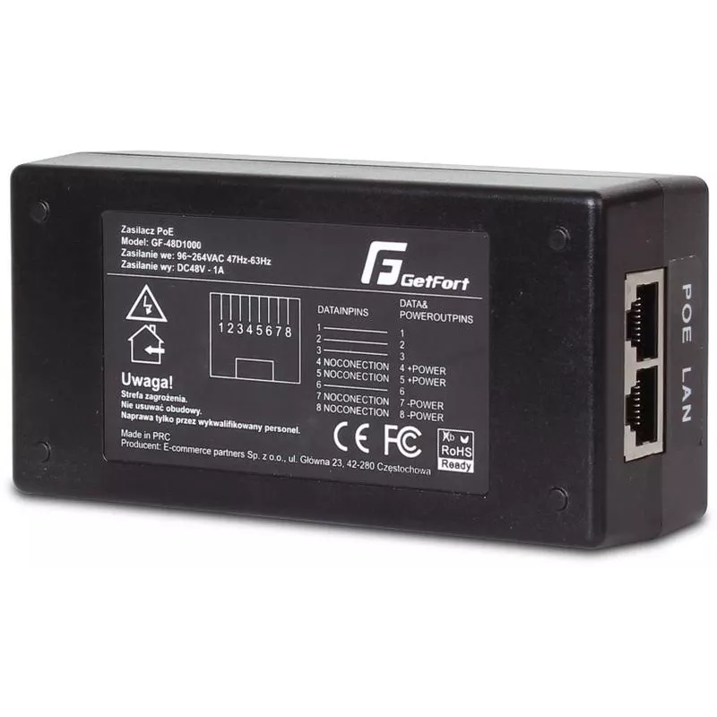 GETFORT GF-48D1000 48W pasīvais PoE injektora adapteris, 100-240V AC uz 48V DC, 10/100 Mbps, 2x RJ45, saderīgs ar IEEE 802.3af/at