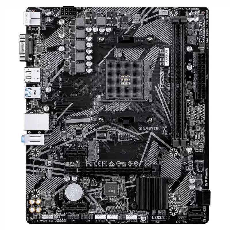 GIGABYTE A520M S2HP AM4 Micro-ATX mātesplate, DDR4, HDMI, D-Sub, DisplayPort, M.2, Gigabit LAN