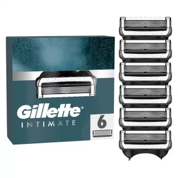 Gillette Intimate Skuvekļa Asmeņu Kārtridžu Papildinājumi, 6 Kārtridži, Melns, Vīriešu Intīmās Zonas Skūšanai