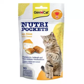 GimCat Nutri Pockets ar sieru 60g – kraukšķīgi kaķu našķi ar krēmīgu siera pildījumu, bagātināti ar vitamīniem un taurīnu
