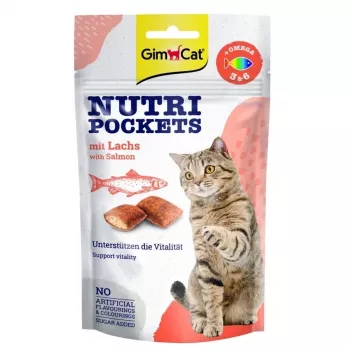 GimCat Nutri Pockets ar lasi 60g – kraukšķīgi kaķu gardumi ar krēmīgu laša pildījumu