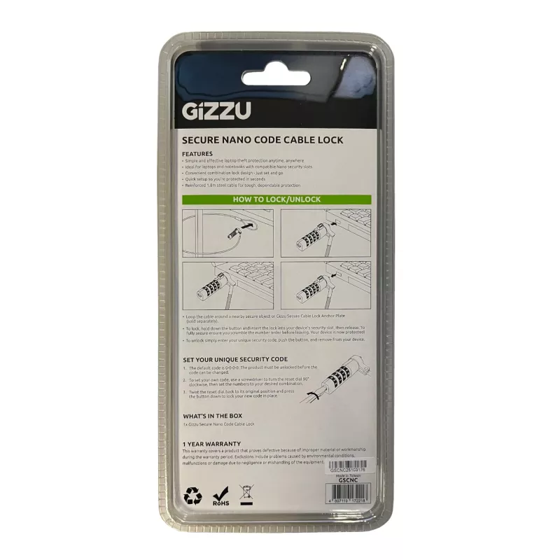 GIZZU 1,8 m Nano kombinācijas slēdzene drošības kabelis - 4 ciparu pārslēdzama kombinācija, pīts tērauds, Kensington Nano slot ierīcēm (melns/sudrabs)