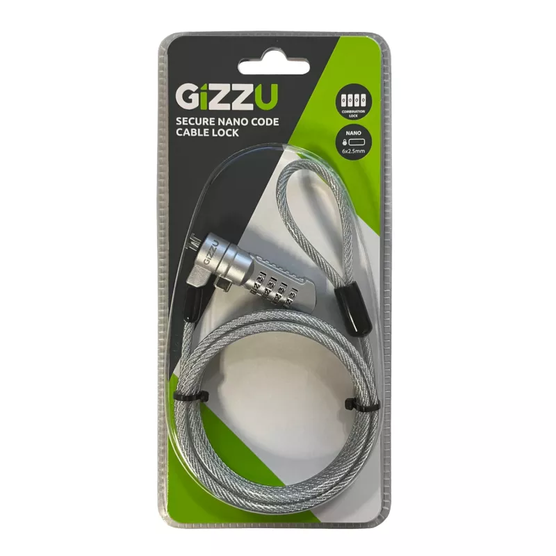 GIZZU 1,8 m Nano kombinācijas slēdzene drošības kabelis - 4 ciparu pārslēdzama kombinācija, pīts tērauds, Kensington Nano slot ierīcēm (melns/sudrabs)