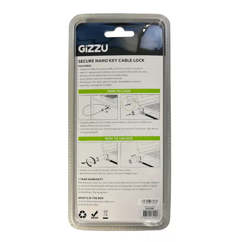 GIZZU 1.8m Nano atslēgas bloķēšanas drošības kabelis ar atslēgu - Melns