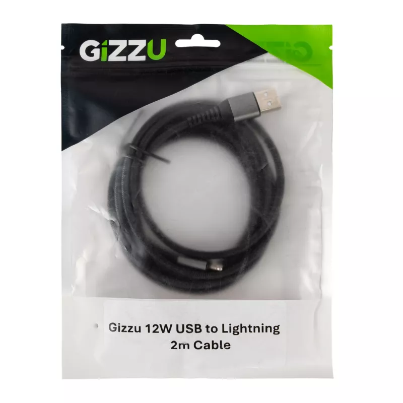 GIZZU 12W USB uz Lightning 2m kabelis – MFi sertificēts ātrai uzlādei un sinhronizācijai