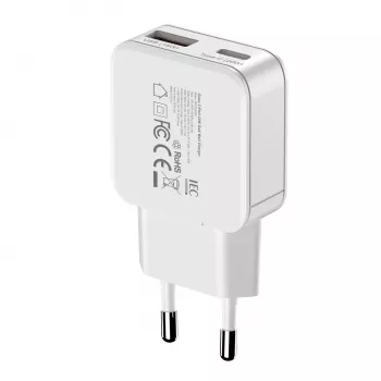 Gizzu 2-Port 20W GaN sienas lādētājs USB-C PD 3.0 + USB-A QC 3.0 ātrās uzlādes adapteris - balts