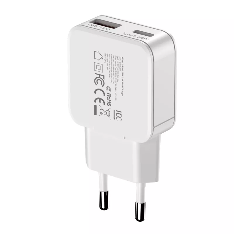 Gizzu 2-Port 20W GaN sienas lādētājs USB-C PD 3.0 + USB-A QC 3.0 ātrās uzlādes adapteris - balts