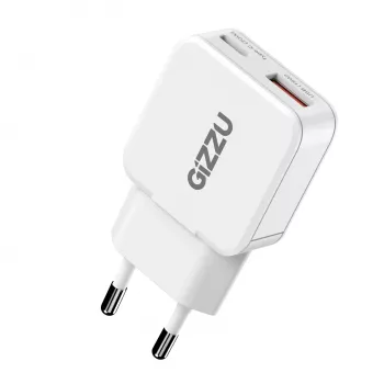 Gizzu 2-Port 20W GaN sienas lādētājs USB-C PD 3.0 + USB-A QC 3.0 ātrās uzlādes adapteris - balts