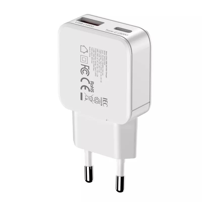 Gizzu 2-Portu 30W GaN sienas lādētājs USB-C PD + USB-A QC balts