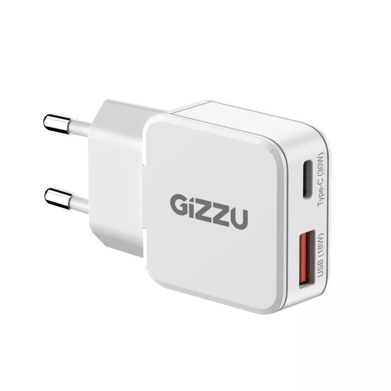 Gizzu 2-Portu 30W GaN sienas lādētājs USB-C PD + USB-A QC balts