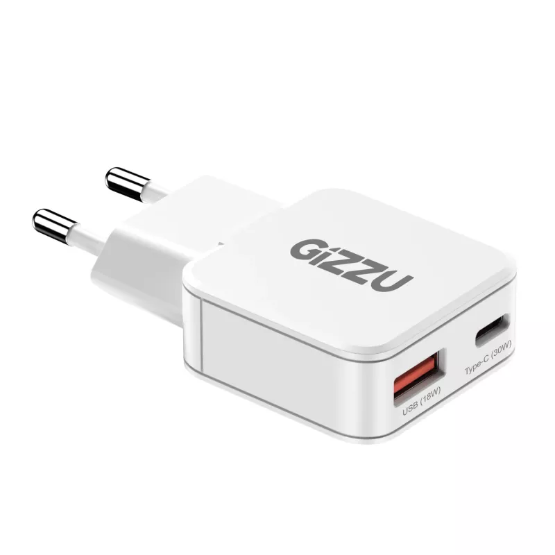 Gizzu 2-Portu 30W GaN sienas lādētājs USB-C PD + USB-A QC balts