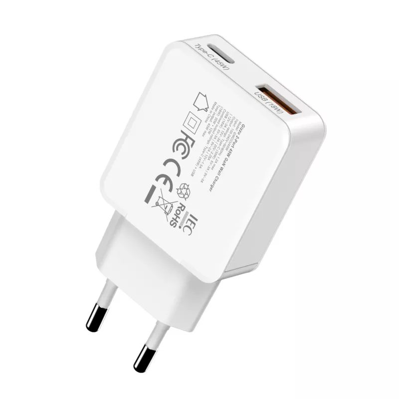 Gizzu 2-Port 45W GaN sienas lādētājs USB-C PD & USB-A QC balts