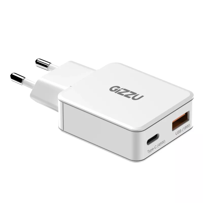 Gizzu 2-Port 45W GaN sienas lādētājs USB-C PD & USB-A QC balts