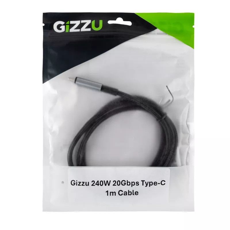 GIZZU 240W 20Gbps USB-C uz USB-C pīts kabelis 1m melns