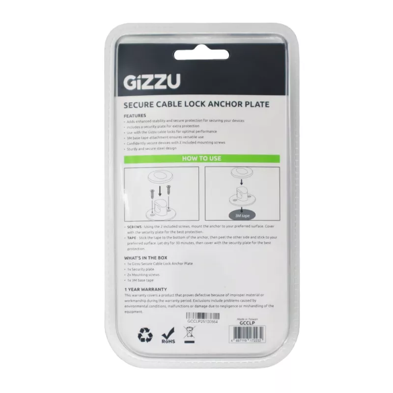GIZZU Laptop Lock Plate - Universāls drošības enkurs Kensington slēdzenēm, līmējošs cinka sakausējums, sudraba