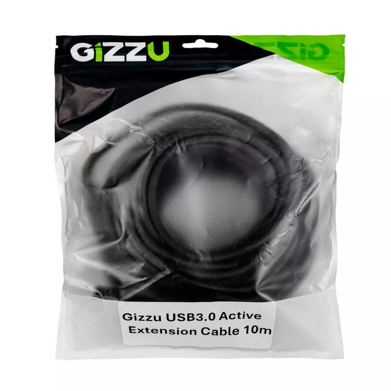 Gizzu USB3.0 aktīvais pagarinātāja kabelis 10m – 5Gbps SuperSpeed retranslatora kabelis ar signāla pastiprinātāju, USB-A vīrietis uz sievieti, barošana no kopnes ar papildu DC portu, melns