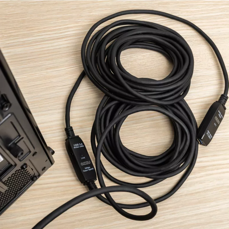 Gizzu USB3.0 aktīvais pagarinātāja kabelis 10m – 5Gbps SuperSpeed retranslatora kabelis ar signāla pastiprinātāju, USB-A vīrietis uz sievieti, barošana no kopnes ar papildu DC portu, melns