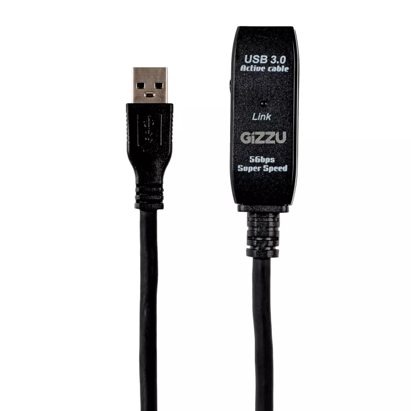 Gizzu USB3.0 aktīvais pagarinātāja kabelis 10m – 5Gbps SuperSpeed retranslatora kabelis ar signāla pastiprinātāju, USB-A vīrietis uz sievieti, barošana no kopnes ar papildu DC portu, melns