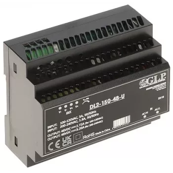 GLP komutācijas barošanas bloks DL2-150-48-U - 150W 48V līdzstrāva DIN sliedei, aktīvs PFC, augsta efektivitāte
