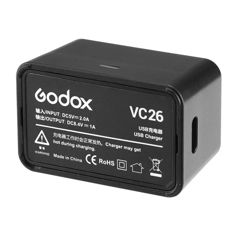 Godox VC26 USB-C lādētājs V1 un V860III zibspuldžu baterijām – 5V/2A ieeja, 8.4V/1A izeja, LED indikators, komplektā USB-A uz USB-C kabelis