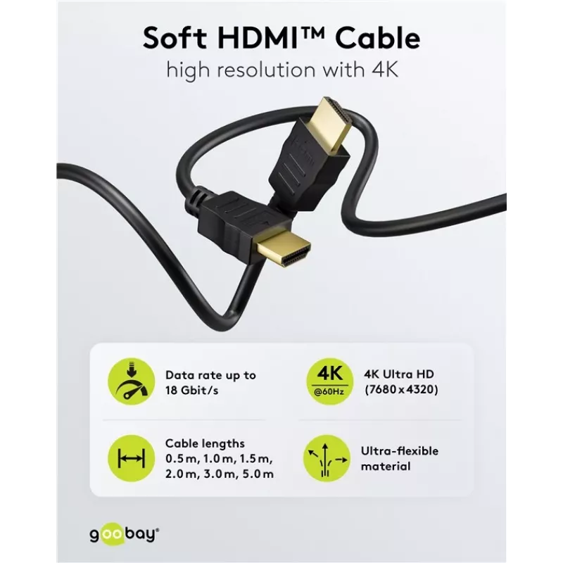 Goobay 80105 mīksts ātrgaitas HDMI kabelis ar Ethernet - 5m melns
